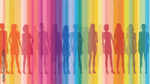 The image features a row of human silhouettes, rendered in various bright, saturated colors that correspond to vertical stripes in the background.  The silhouettes are simple, lacking