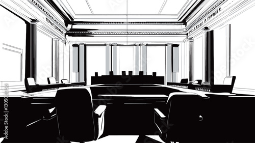 The image is a monochrome rendering of a large, formal interior space. The architecture is classical in style, featuring tall columns or pillars flanking the room.  A long conference or