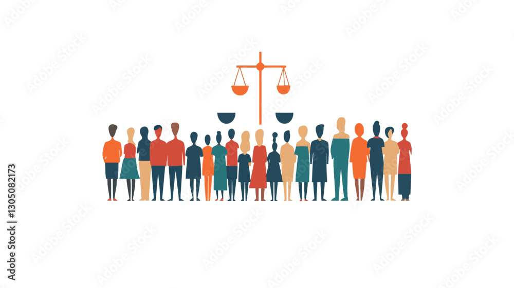 The image is a stylized vector illustration featuring a large group of diverse individuals depicted in simple, colorful silhouettes standing in a row. Above the group, a simplified icon of The image is a stylized vector illustration featuring a large group of diverse individuals depicted in simple, colorful silhouettes standing in a row. Above the group, a simplified icon of
