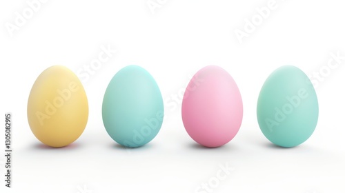 A collection of softly-toned Easter egg banners, greeting cards, and posters featuring pastel shades of light blue, pink, yellow, and green, elegantly balanced on a clean white background. The smooth 