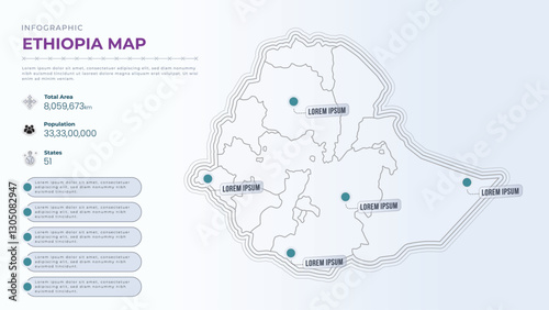 Total Area, Papulation, States & More Detailed Infographic Map of Ethiopia. Ethiopia country map infographic colored vector template with regions and pointer marks.