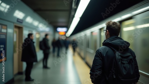 Young Man with Backpack Waiting on Subway Platform Urban Commuter Public Transportation