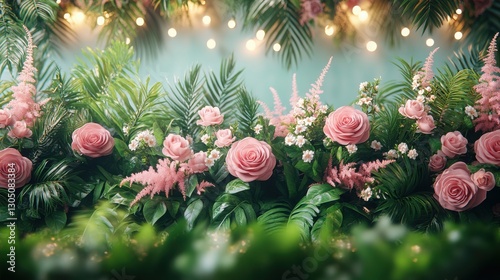 Colorful Floral Arrangement with Pink Roses and Greenery Background