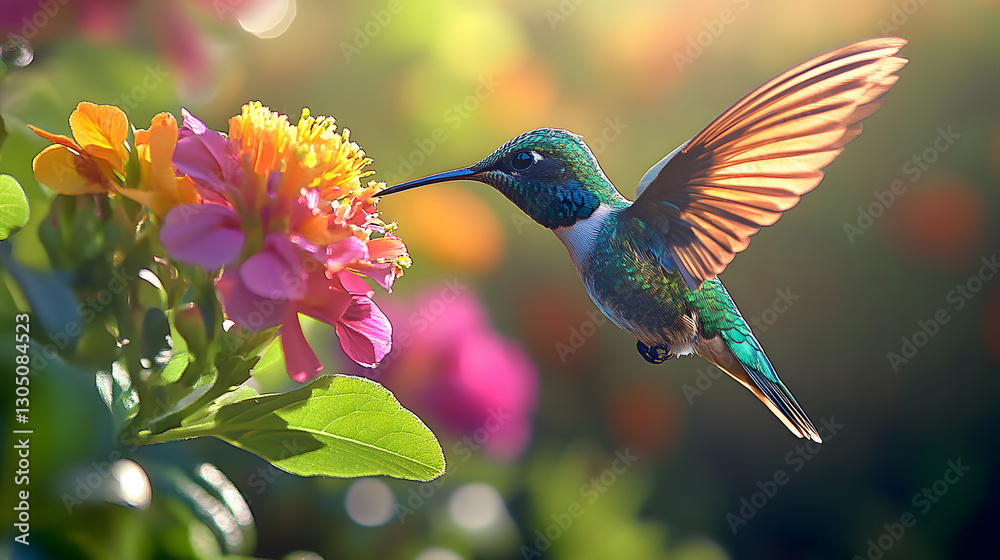 Fototapeta premium Fiery-throated hummingbird hovering near a flower, shimmering iridescent colors