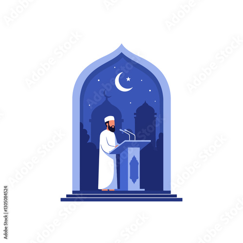 Man Giving Speech From Podium in Islamic Setting at Night