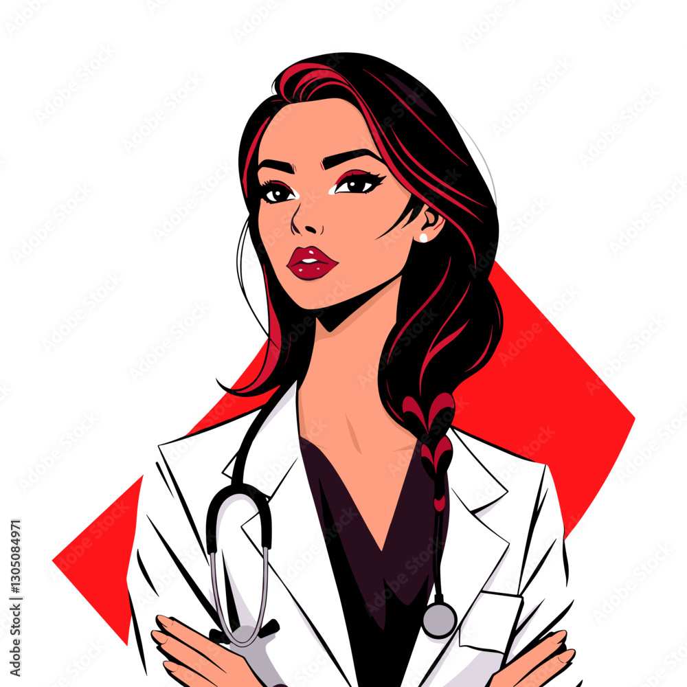 Confident female doctor wearing a lab coat with a stethoscope and a serious expression against a bold background Confident female doctor wearing a lab coat with a stethoscope and a serious expression against a bold background