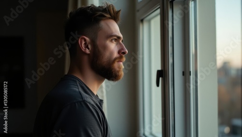Pensive Young Man with Beard Gazing Out Window Contemplative Portrait