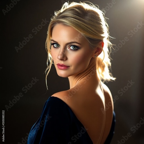 A dramatic cinematic image of a woman in her thirties with blonde hair and piercing green eyes wearing a dark blue velour gown.  