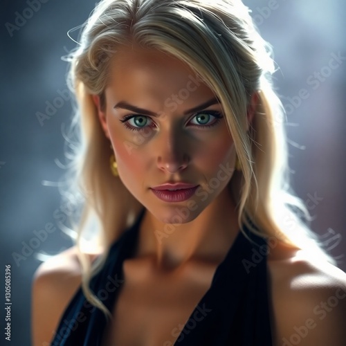 A dramatic cinematic image of a woman in her thirties with blonde hair and piercing green eyes wearing a dark blue velour gown.  