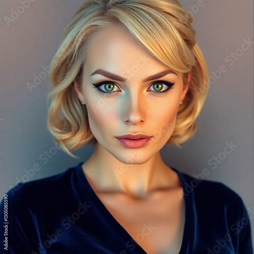 A dramatic cinematic image of a woman in her thirties with blonde hair and piercing green eyes wearing a dark blue velour gown.  