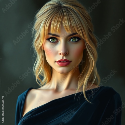 A dramatic cinematic image of a woman in her thirties with blonde hair and piercing green eyes wearing a dark blue velour gown.  