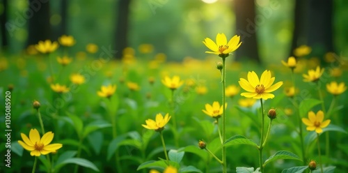 Yellow flower stems of forest and meadow plants are wrapped in thick bindweed vines, flowers, botanical, foliage