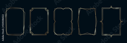 Golden Frames Set. Thin Line Gold Borders Luxury Minimalist Collection. Premium Vector Brass Outline Geometric Rectangles. Linear Decorative Banners with Black Background Isolated