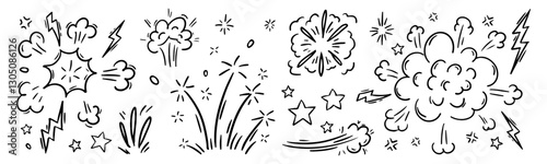Pen Comic Boom Explosion Vector Set. Chalk Scribble Crayon Graffiti Sturburst Cartoon Splash Firework Shapes Collection. Hand Drawn Marker Squiggles. Pencil Motion Sparks Charcoal Doodles