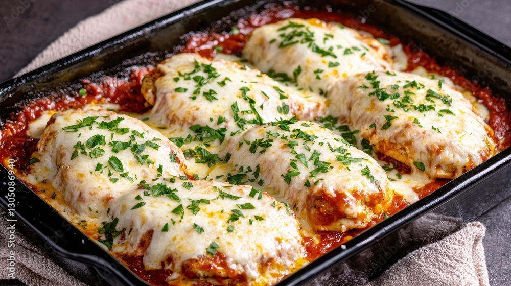 A delicious dish of cheesy chicken covered in marinara sauce, garnished with fresh parsley, served hot from the oven. A delicious dish of cheesy chicken covered in marinara sauce, garnished with fresh parsley, served hot from the oven.