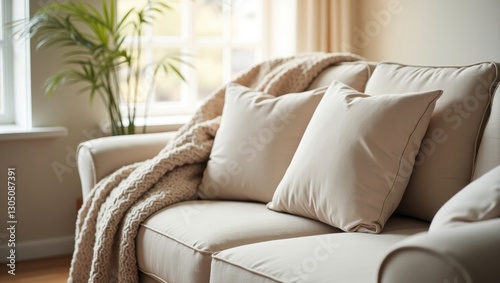Cozy Beige Sofa with Knit Throw and Cushions Relaxing Home Interior