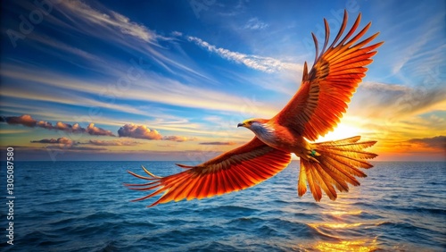 Majestic Firebird Soaring Over a Tranquil Ocean at Sunset, Wings Spread Wide in a Breathtaking Display of Freedom and Power