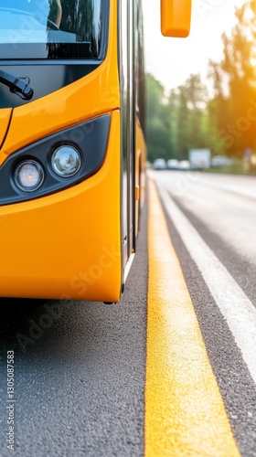 Close up view of a yellow city bus stopped at a bus stop, with a focus on the front of the vehicle and the road markings. Sunlight illuminates the scene.