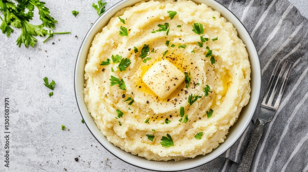 Creamy mashed potatoes topped with butter and fresh herbs, served in a bowl, showcasing a delicious, comforting dish. Creamy mashed potatoes topped with butter and fresh herbs, served in a bowl, showcasing a delicious, comforting dish.