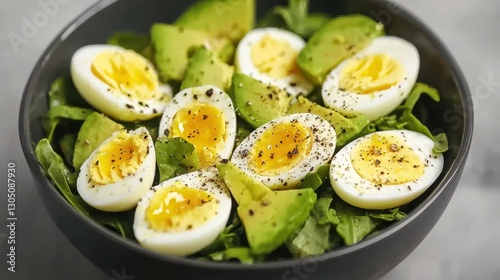 A vibrant bowl of salad featuring sliced boiled eggs and avocado, sprinkled with black pepper and served on a bed of leafy greens.