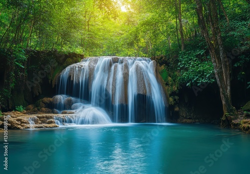 Serene Waterfall Cascading into Tropical Pool Surrounded by Lush Green Forest in Tranquil Nature Setting at Golden Hour Light