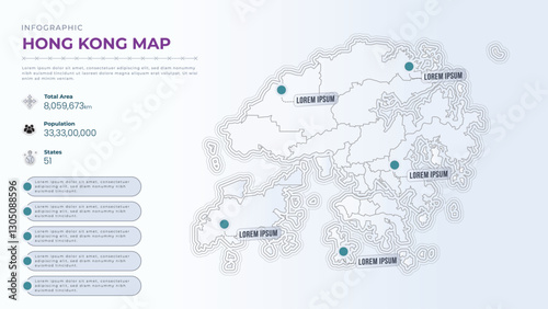 Total Area, Papulation, States & More Detailed Infographic Map of Hong Kong. Hong Kong country map infographic colored vector template with regions and pointer marks.