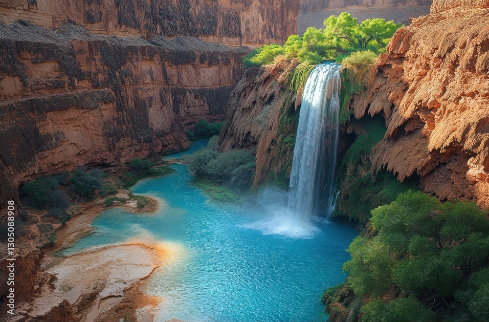 Naklejka premium Serene Waterfall Cascading into Turquoise Pool Amidst Rugged Canyon with Vibrant Greenery and Stunning Rock Formations in Stunning Natural Landscape