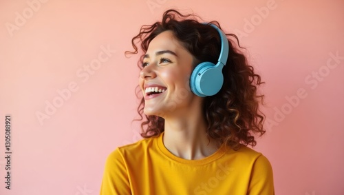 Wallpaper Mural Happy Young Woman with Curly Hair Listening to Music on Blue Headphones Against Pink Background Torontodigital.ca