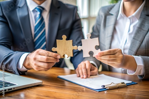 Two businesspeople’s hands holding matching jigsaw puzzle pieces, symbolizing teamwork and strategy.