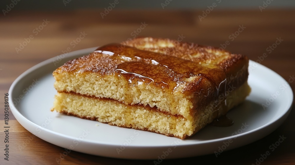 A fluffy, golden dessert slice drizzled with syrup, served on a white plate, showcasing its soft texture and inviting appearance. A fluffy, golden dessert slice drizzled with syrup, served on a white plate, showcasing its soft texture and inviting appearance.