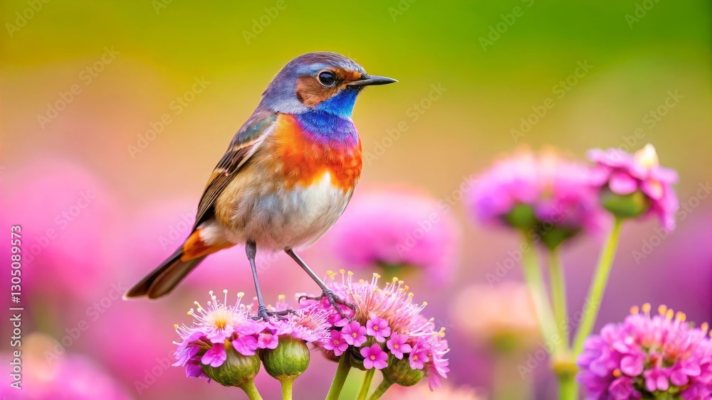 Fototapeta premium A Vibrant Little Bird Perched Gracefully on a Cluster of Delicate Pink Blossoms in a Serene Garden Setting