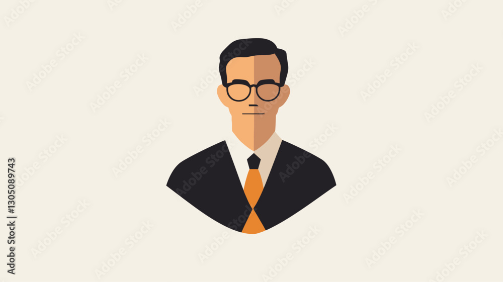 A digitally created illustration depicting a stylized flat icon of a businessman's profile. The image utilizes a flat design aesthetic with geometric shapes and minimal details. The color A digitally created illustration depicting a stylized flat icon of a businessman's profile. The image utilizes a flat design aesthetic with geometric shapes and minimal details. The color