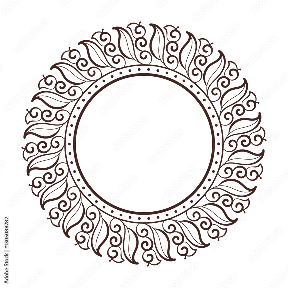 Intricate line art circular frame with stylized leaves, scrolls, and swirls, isolated on a white background. Intricate line art circular frame with stylized leaves, scrolls, and swirls, isolated on a white background.