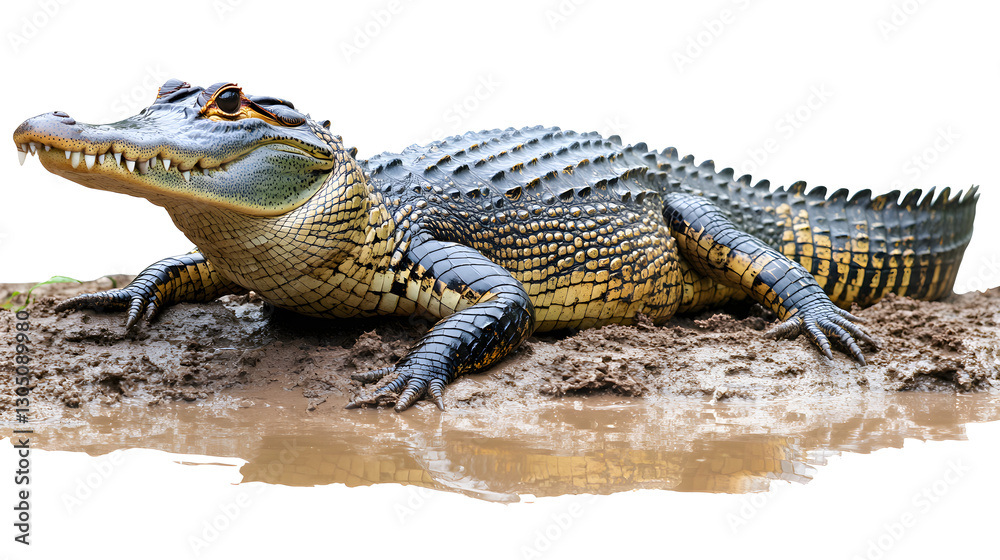 Fototapeta premium Spectacled caiman resting on a muddy riverbank, stealthy rainforest predator