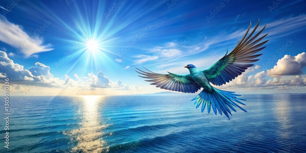 Obraz premium Serene Flight of a Vibrant Avian Over a Tranquil Ocean Under a Radiant Sun