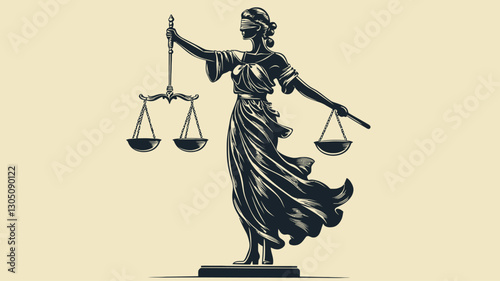A vector illustration depicting Lady Justice, a symbolic figure of justice, holding a pair of scales. The style is monochrome, dark-toned, against a light beige background. The illustration
