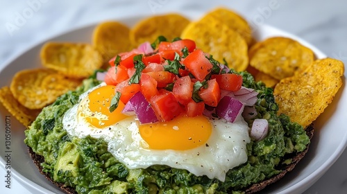 A vibrant dish featuring eggs on a bed of green spinach, topped with fresh tomatoes and served with crispy tortilla chips.