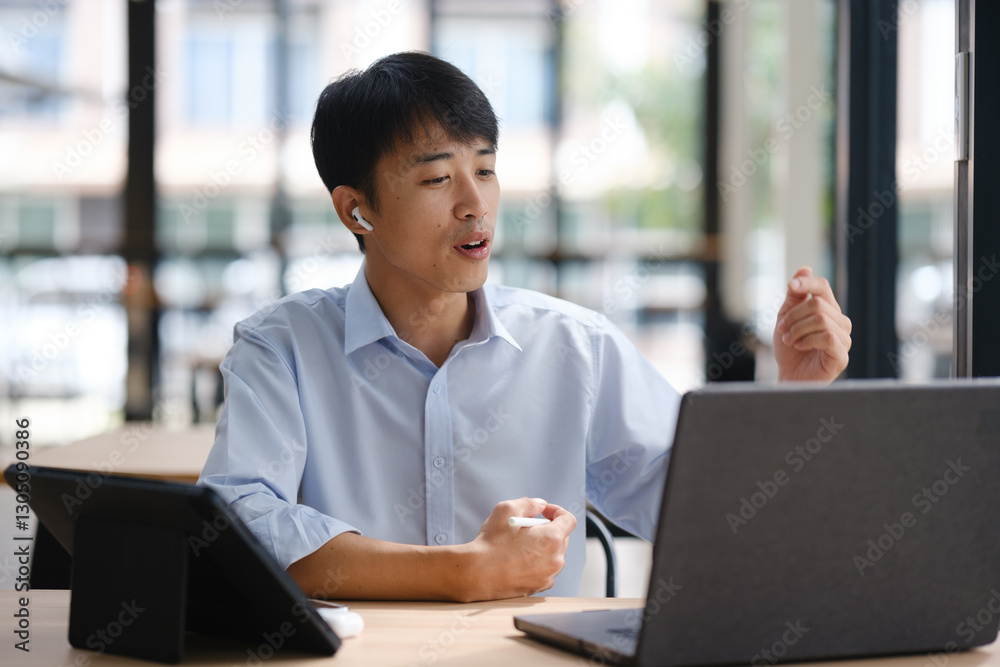 Business consultant advising clients and team in a video conference Business consultant advising clients and team in a video conference