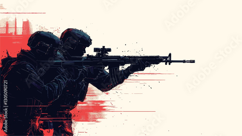 The image is a stylized illustration featuring two silhouetted soldiers, depicted from the knees up, against a predominantly white background with splashes of red. One soldier is
