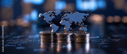 Global Finance World Map on Stacked Coins