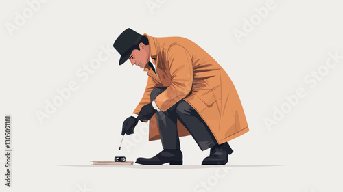 A digital illustration depicting a man in a tan trench coat and hat crouched down, appearing to examine something on the ground. He is wearing dark gloves. The style is vector-based, with