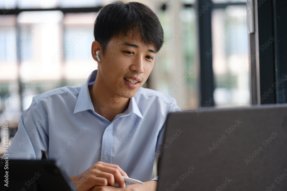 Business consultant advising clients and team in a video conference Business consultant advising clients and team in a video conference
