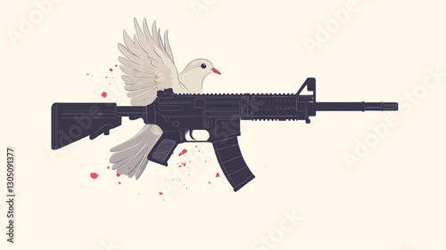 The image is a digital illustration depicting a stylized assault rifle in dark gray.  A white dove, a symbol of peace, is superimposed over the rifle, partially integrated within the