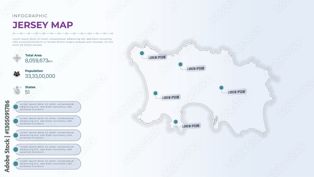Fototapeta premium Total Area, Papulation, States & More Detailed Infographic Map of Jersey. Jersey country map infographic colored vector template with regions and pointer marks.