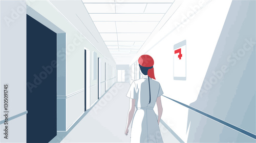 The image is a digital illustration depicting a woman with red hair, wearing a white dress, walking down a long, brightly lit corridor. The corridor features stark white walls, evenly