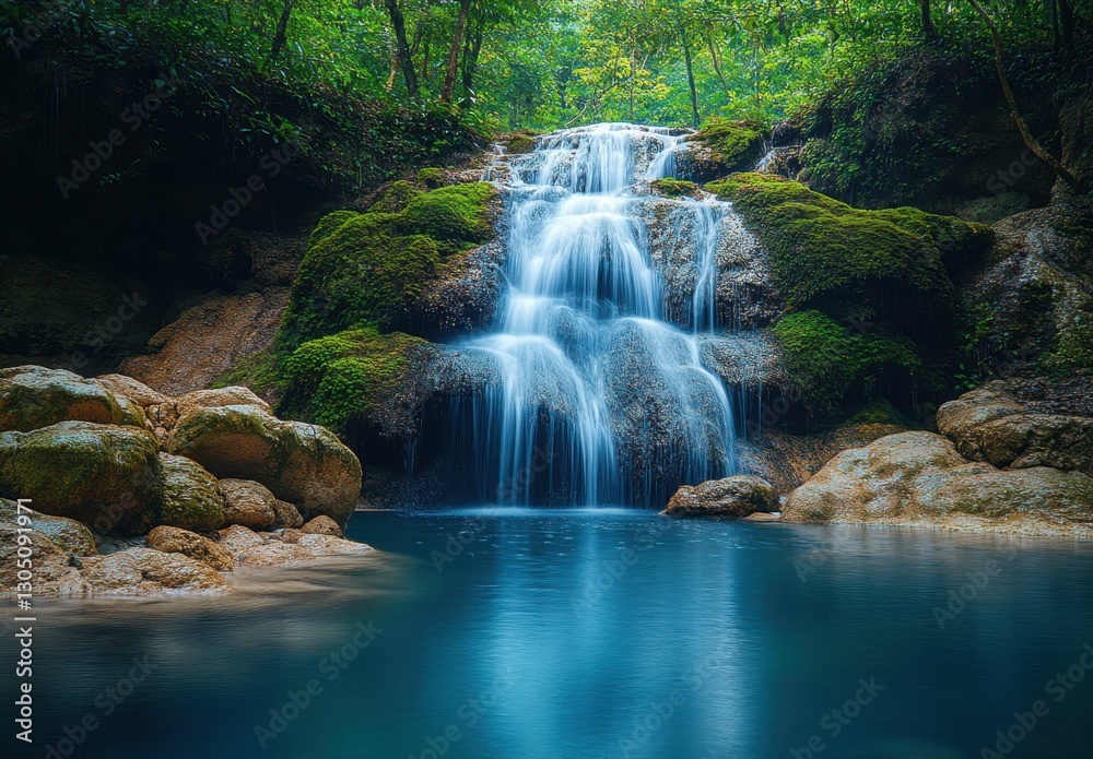 Naklejka premium Serene Waterfall Cascading Over Mossy Rocks in a Lush Green Forest Surrounded by Tranquil Blue Water and Vibrant Nature Scene