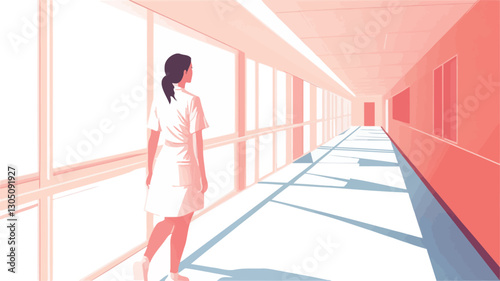 The image is a stylized illustration depicting a woman in a simple white dress standing in a long, brightly lit corridor. The walls are a soft pink or coral color, and large windows line