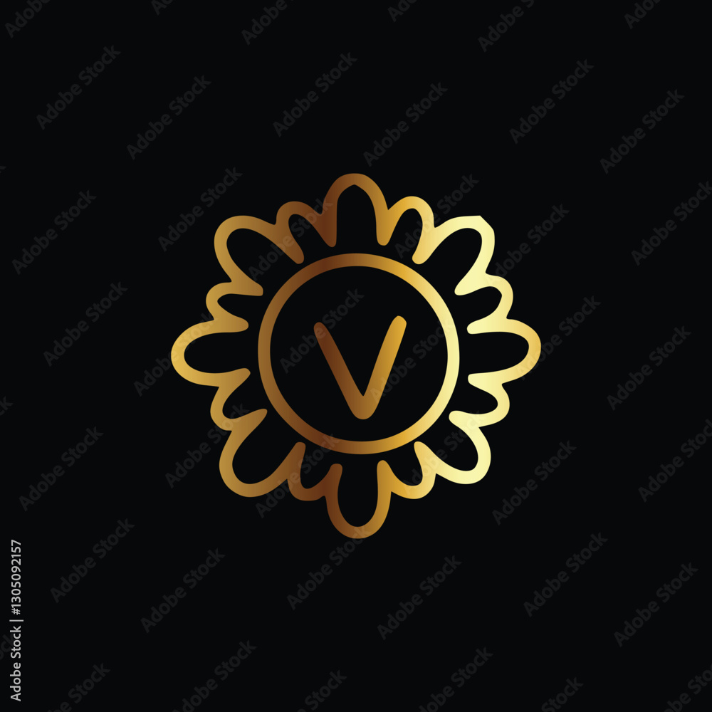Fototapeta premium Golden letter V monogram in floral badge style in black background luxury emblem design