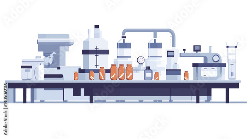 A digital illustration depicting a stylized automated production line. The illustration features a flat design style with muted color palettes of blues and grays, accented by orange product