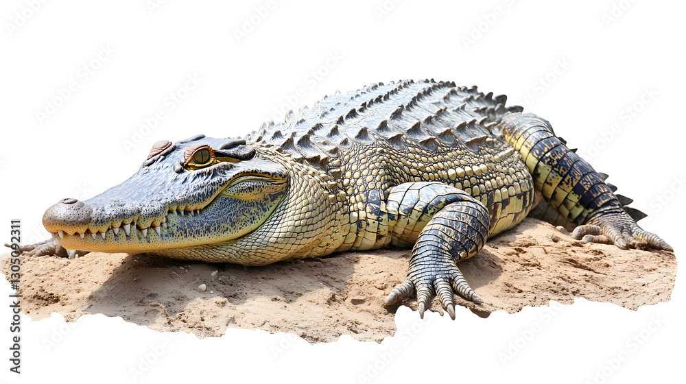 New Guinea crocodile basking on a riverbank, powerful and ancient New Guinea crocodile basking on a riverbank, powerful and ancient